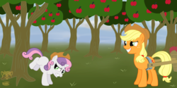 Size: 1280x640 | Tagged: safe, artist:timidusartifex, applejack, sweetie belle, earth pony, pony, unicorn, g4, apple, apple tree, applebucking, bucking, duo, duo female, female, filly, foal, hat, mare, tree