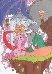 Size: 2458x3510 | Tagged: safe, artist:mohawkrex, discord, pinkie pie, g4, crying, female, high res, male, ship:discopie, shipping, straight, traditional art