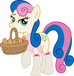 Size: 1835x1902 | Tagged: safe, artist:leopurofriki, bon bon, sweetie drops, earth pony, pony, g4, basket, clothes, female, fishnet stockings, hooves, looking at you, mare, mouth hold, simple background, socks, solo, stockings, transparent background