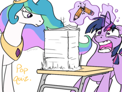 Size: 746x560 | Tagged: safe, artist:conicer, princess celestia, twilight sparkle, alicorn, pony, unicorn, g4, horn, magic, nightmare, pencil, simple background, telekinesis