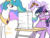 Size: 746x560 | Tagged: safe, artist:conicer, princess celestia, twilight sparkle, alicorn, pony, unicorn, g4, horn, magic, nightmare, pencil, simple background, telekinesis