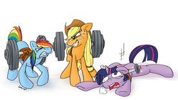Size: 1520x857 | Tagged: safe, artist:conicer, applejack, rainbow dash, twilight sparkle, g4, derp, do you even lift, faic, meme, simple background, weight lifting