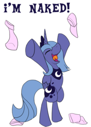 Size: 1000x1400 | Tagged: safe, artist:sc0t1n4t0r, princess luna, alicorn, pony, g4, bipedal, clothes, eyes closed, female, nudity, open mouth, s1 luna, simple background, socks, solo, transparent background, we don't normally wear clothes