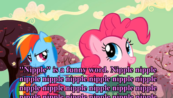 Size: 1264x711 | Tagged: safe, pinkie pie, rainbow dash, g4, bronyetiquette, parody