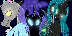 Size: 1366x686 | Tagged: safe, artist:cosmic-rust, artist:lukiner, edit, discord, nightmare moon, queen chrysalis, changeling, changeling queen, g4, animated, female, glowing eyes