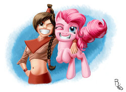Size: 1280x939 | Tagged: safe, artist:ravenousdrake, pinkie pie, earth pony, human, pony, g4, arm around neck, avatar the last airbender, crossover, duo, grin, one eye closed, smiling, ty lee
