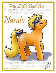 Size: 600x776 | Tagged: safe, artist:amelie-ami-chan, earth pony, pony, g3, 2007, bow, facial markings, headband, male, naruto, ponified, solo, tail, tail bow, uzumaki naruto