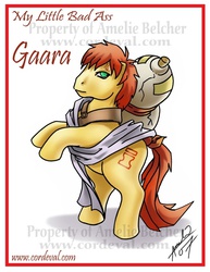 Size: 600x776 | Tagged: safe, artist:amelie-ami-chan, earth pony, pony, g3, 2007, gaara, gourd, looking at you, male, naruto, ponified, rear view, signature, solo, tail