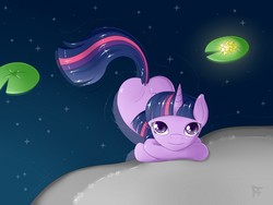 Size: 800x600 | Tagged: safe, artist:startlighttwilight, twilight sparkle, pony, g4, butt, female, leaning, lily (flower), lilypad, looking at you, looking up, plot, reflection, smiling, solo, water
