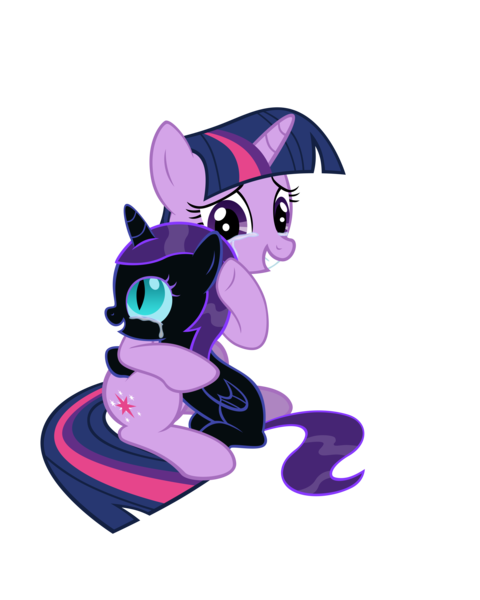 85795 - safe, artist:azure-vortex, twilight sparkle, oc, oc:nyx, fanfic:past  sins, absurd resolution, adventure in the comments, crying, cute,  daaaaaaaaaaaw, duo, filly, grin, hug, mama twilight, mother and daughter,  nyxabetes, simple background, sitting,
