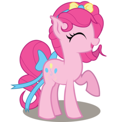 Size: 1000x1000 | Tagged: safe, artist:ipinkaminapie, pinkie pie, earth pony, pony, g4, alternate hairstyle, bow, eyes closed, female, mare, open mouth, raised hoof, ribbon, simple background, solo, transparent background