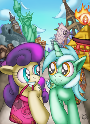 Size: 2508x3468 | Tagged: safe, artist:cazra, bon bon, lyra heartstrings, sweetie drops, earth pony, pony, unicorn, g4, area 51, big ben, colosseum, duo, earth, eiffel tower, great wall of china, high res, pyramid, smiling, statue of liberty