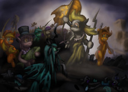 Size: 3468x2508 | Tagged: safe, artist:cazra, applejack, bon bon, braeburn, derpy hooves, lyra heartstrings, queen chrysalis, sweetie drops, twilight sparkle, changeling, changeling queen, earth pony, pegasus, pony, g4, bipedal, classic art, dead, delacroix, eugene delacroix, female, fine art parody, france, french revolution, high res, liberty leading the people, mare, on back, parody, revolution, tongue out