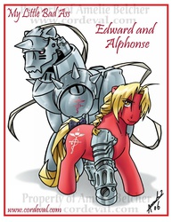 Size: 600x776 | Tagged: safe, artist:amelie-ami-chan, earth pony, pony, alphonse elric, amputee, armor, automail, bow, brothers, duo, edward elric, fullmetal alchemist, male, ponified, prosthetic limb, prosthetics, siblings, tail, tail bow