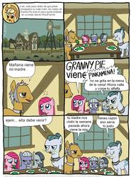 Size: 802x1083 | Tagged: safe, artist:frank1605, artist:kturtle, cloudy quartz, igneous rock pie, limestone pie, marble pie, pinkie pie, g4, pie family, spanish, translation