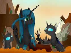 Size: 2592x1936 | Tagged: safe, artist:patapon13, queen chrysalis, changeling, changeling queen, g4, female, trio