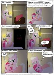 Size: 802x1102 | Tagged: safe, artist:frank1605, artist:kturtle, granny pie, pinkie pie, earth pony, pony, comic:the story of granny pie, g4, bed, candle, closet, clothes hanger, comic, dialogue, eyes closed, female, filly, glasses, heart, lidded eyes, mare, pillow, spanish, translation
