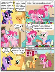 Size: 827x1089 | Tagged: safe, artist:frank1605, artist:kturtle, applejack, granny pie, granny smith, pinkie pie, twilight sparkle, earth pony, pony, unicorn, comic:the story of granny pie, g4, comic, dialogue, eyes closed, hat, looking at each other, mirror, music notes, party hat, raised hoof, smiling, spanish, translation