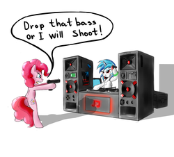 Size: 2719x2459 | Tagged: safe, artist:junkiekb, dj pon-3, pinkie pie, vinyl scratch, g4, drop the bass, gun, high res