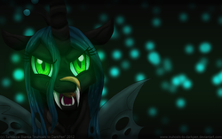 Size: 900x563 | Tagged: safe, artist:inuhoshi-to-darkpen, queen chrysalis, changeling, changeling queen, g4, fangs, female