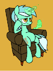Size: 274x364 | Tagged: safe, artist:justdayside, lyra heartstrings, pony, unicorn, g4, animated, belly, bored, couch, ear flick, fat, female, hand, lyra is not amused, magic, magic hands, mare, sitting, solo, unamused