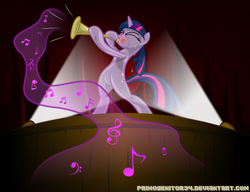 Size: 912x699 | Tagged: dead source, safe, artist:primogenitor34, twilight sparkle, pony, g4, bipedal, bugle mistaken for a trumpet, music, musical instrument, solo, stage, trumpet