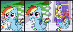 Size: 1500x656 | Tagged: safe, artist:madmax, rainbow dash, pony, a bird in the hoof, g4, comic, heart, lidded eyes, paint, paint on fur, rainbow, royal guard