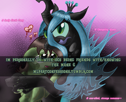 Size: 500x405 | Tagged: safe, queen chrysalis, oc, changeling, changeling queen, g4, canon x oc, female, meta, pony confession, shipping, text