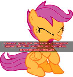 Size: 500x524 | Tagged: safe, scootaloo, g4, eyes closed, female, filly, foal, frustrated, meta, pony confession, solo, text