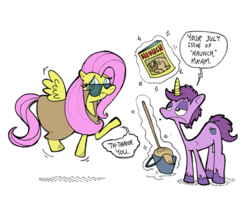 Size: 500x416 | Tagged: safe, artist:krampuskind, fluttershy, oc, pony, unicorn, g4, flank, janitor, mop, porn, sunglasses