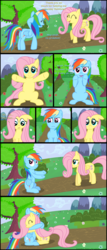 Size: 1020x2380 | Tagged: safe, artist:daedric-pony, fluttershy, rainbow dash, g4, comic, cute, dashabetes, eyes closed, floppy ears, frown, happy, hug, open mouth, raised hoof, sad, shyabetes, sitting, smiling, underhoof