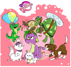Size: 1541x1446 | Tagged: safe, artist:pupperson9, angel bunny, gummy, opalescence, owlowiscious, spike, tank, winona, butterfly, g4, balloon, carrot, feather, hilarious in hindsight, pet, scroll