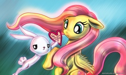 Size: 2000x1200 | Tagged: safe, artist:alexmakovsky, angel bunny, fluttershy, g4, female, heart, male, pet, ship:angelshy, shipping, straight, tsundere, valentine