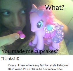 Size: 640x620 | Tagged: safe, pinkie pie, fanfic:cupcakes, g4, bow, clothes, cupcake, female, hair bow, image macro, irl, looking at something, photo, skirt, text, toy