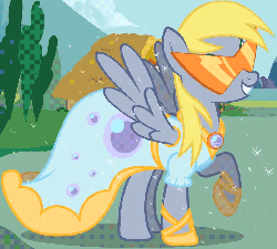 Size: 946x853 | Tagged: safe, artist:jan, derpy hooves, pegasus, pony, picture perfect pony, g4, animated, background pony, cute, derpabetes, female, glitter, kamina sunglasses, mare, raised hoof, solo, spread wings, wings
