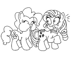 Size: 895x711 | Tagged: safe, artist:beau-skunk, pinkie pie, rarity, earth pony, pony, unicorn, g4, bite mark, biting, black and white, butt bite, cannibalism, cheek puffing, chubby cheeks, duo, eyes closed, female, funny, grayscale, hard vore, lineart, mare, marshmallow, meme, monochrome, open mouth, parody, ponies eating meat, puffy cheeks, raised hoof, rarity is a marshmallow, satire, silly, simple background, strange, white background, wide eyes, wild take