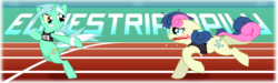 Size: 1000x300 | Tagged: safe, artist:stec-corduroyroad, bon bon, lyra heartstrings, sweetie drops, earth pony, pony, unicorn, g4, bipedal, female, gritted teeth, mare, mouth hold, olympics, relay race, sweat, teeth, tracksuit