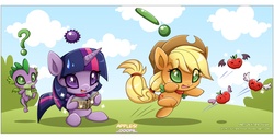 Size: 1856x942 | Tagged: safe, artist:extra-fenix, applejack, twilight sparkle, chao, g4, :3, chibi, crossover, sonic adventure, sonic the hedgehog (series), species swap