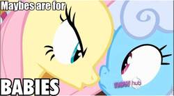 Size: 856x472 | Tagged: safe, edit, edited screencap, screencap, fluttershy, linky, shoeshine, earth pony, pegasus, pony, g4, putting your hoof down, background pony, caption, female, hub logo, image macro, impact font, mare, maybes are for babies, quote, roflbot, text