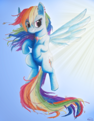 Size: 1600x2063 | Tagged: safe, artist:kallixe, rainbow dash, pegasus, pony, g4, ear piercing, earring, element of loyalty, female, flying, jewelry, mare, piercing, smiling, solo, spread wings, traditional art, wings