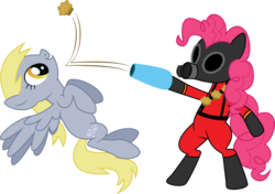 Size: 1065x751 | Tagged: safe, artist:ivanspacebiker, derpy hooves, pinkie pie, pegasus, pony, g4, crossover, female, mare, meet the pyro, muffin, simple background, team fortress 2, transparent background