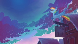 Size: 2400x1350 | Tagged: safe, artist:chromamancer, rainbow dash, pegasus, pony, backwards cutie mark, cloud, evening, featured image, female, food, house, looking away, looking up, mare, muffin, outdoors, profile, raised hoof, scenery, sign, sky, solo, spread wings, village, wings