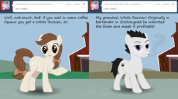 Size: 1200x671 | Tagged: safe, artist:scribblez, oc, oc only, oc:creamy white, oc:white russian, cow, cow pony, pony, backstory, bow, cigarette, creamy and friends, drunk celestia, smoking, tumblr, udder, white russian