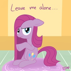 Size: 1500x1500 | Tagged: safe, artist:mcsadat, pinkie pie, earth pony, pony, g4, dialogue, female, frown, grumpy, leave me alone, lidded eyes, looking at you, pinkamena diane pie, sitting, solo