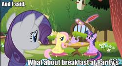 Size: 856x466 | Tagged: safe, edit, edited screencap, screencap, fluttershy, rarity, twilight sparkle, g4, breakfast at tiffany's, caption, deep blue something, song reference