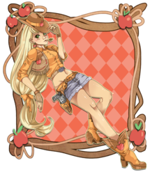 Size: 800x930 | Tagged: safe, artist:britishbearboy, applejack, human, g4, belly button, clothes, cowboy vest, female, fingerless gloves, gloves, gun, high heel boots, humanized, midriff, mouth hold, no more ponies at source, solo, straw, weapon