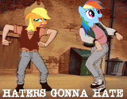 Size: 380x298 | Tagged: safe, edit, applejack, rainbow dash, pony head on human body, g4, animated, dancing, female, haters gonna hate, image macro, male, new kids on the block