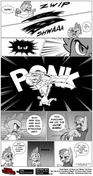 Size: 845x1600 | Tagged: safe, artist:vjmorales, rainbow dash, spike, dragon, pegasus, pony, g4, annoyed, blush sticker, blushing, clothes, comic, cross-popping veins, dialogue, embarrassed, ew, eyes closed, female, frown, glare, gritted teeth, jumping, male, mare, monochrome, onomatopoeia, open mouth, pointing, ponk, punch, raised eyebrow, scott pilgrim vs the world, shirt, speech bubble, text