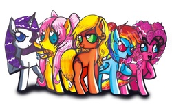 Size: 792x483 | Tagged: dead source, safe, artist:aurora-chiaro, applejack, fluttershy, pinkie pie, rainbow dash, rarity, earth pony, pegasus, pony, unicorn, g4, alternate hairstyle, no pupils, remane five, simple background, traditional art, white background