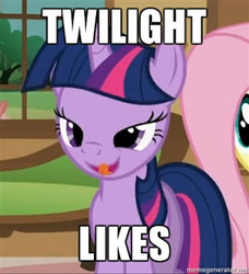 Size: 292x320 | Tagged: safe, edit, edited screencap, screencap, twilight sparkle, a bird in the hoof, g4, season 1, caption, cropped, image macro, licking, solo focus, tongue out